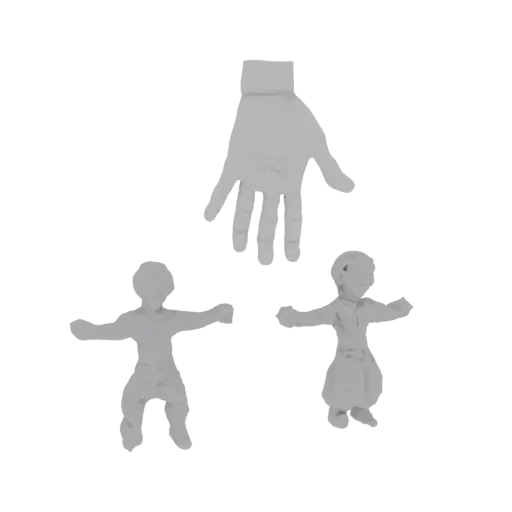 Rendering del modello 3D di una grande mano grigio chiaro sospesa protettivamente su due piccole figure di bambini grigio chi