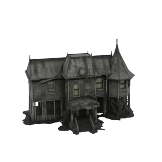 Modelo 3D de uma mansão assombrada gótica escura com torre proeminente, revestimento de madeira decadente e janelas quebradas
