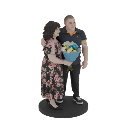 Modelo 3D de un hombre y una mujer abrazándose, sosteniendo un ramo de flores coloridas, de pie sobre una base circular.