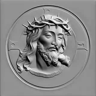 3D-Modell eines Basrelief-Medaillons mit dem Antlitz Jesu Christi in Dornenkrone, im klassischen Stil gestaltet.