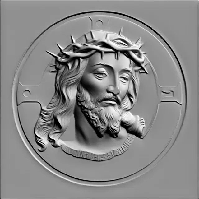Modelo 3D de medalhão em baixo-relevo com a imagem do rosto de Jesus Cristo em coroa de espinhos, realizado em estilo clássic