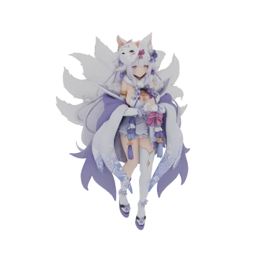 3D model of an anime-style Kitsune girl wearing a fox mask and flowing purple and white robes, with multiple white fox tails.
