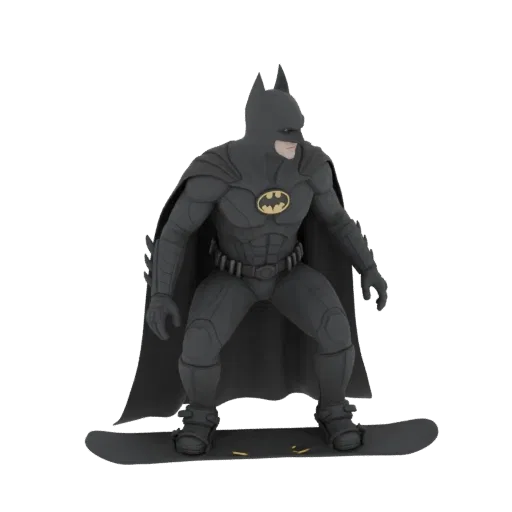 3D model of Batman in a dynamic snowboarding pose, wearing his iconic suit and cape.