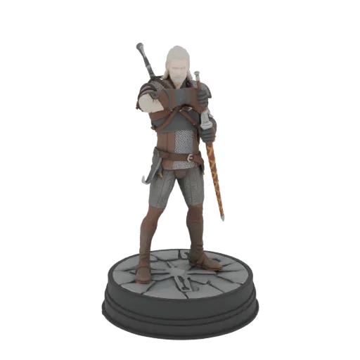 3D model of Geralt of Rivia, the Witcher, standing on a circular base with swords.