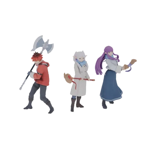 A 3D render of three anime-style fantasy characters: one with an axe, one with a staff, and one wearing a scarf, displayed ag