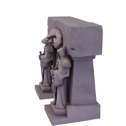 Modèle 3D d'un ancien portail en pierre avec deux statues gardiennes et une grande tête de serpent au-dessus de l'entrée.