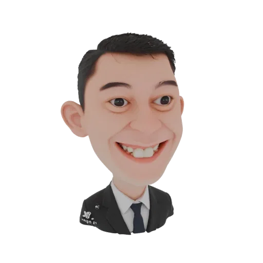 Render de modelo 3D de hombre caricaturesco con cabeza grande, sonrisa amplia, vestido de traje y corbata, sobre fondo negro.