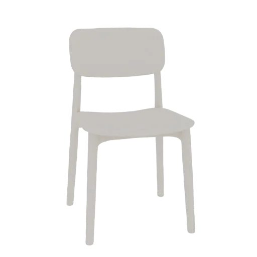 A 3D model of a modern, off-white dining chair with a curved backrest and four legs, presented on a white background.