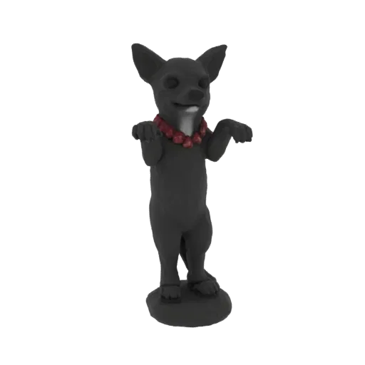 3D model of a black Chihuahua dog figurine wearing a red beaded necklace, standing on a circular base.