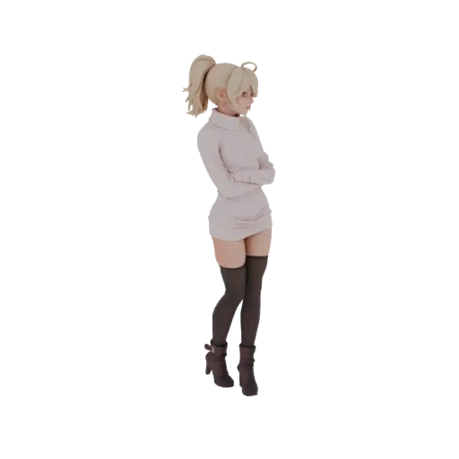 Modelo 3D de uma garota anime com cabelo loiro em rabo de cavalo, vestindo um suéter rosa e meias altas, com os braços cruzad