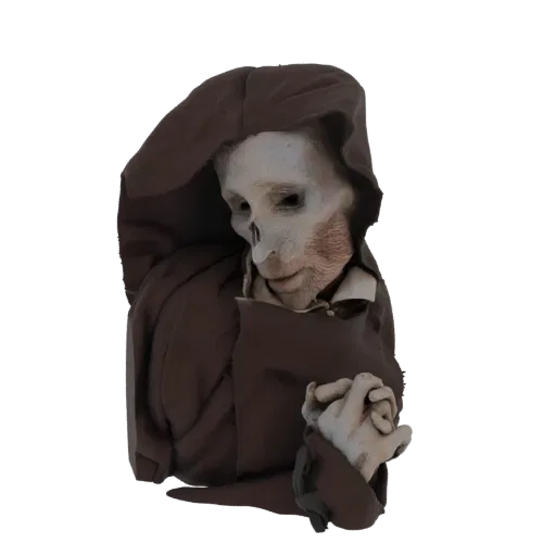 3D model render of a Grim Reaper depicted as a monk, wearing a brown robe and cowl, with a skeletal face and clasped hands.