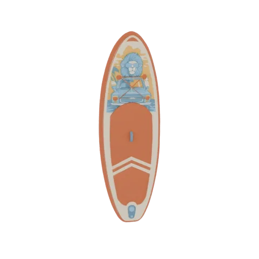 3D model of an orange stand-up paddleboard with a graphic of a lion driving a blue car.