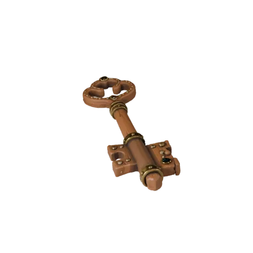 Modello 3D modulare Royal Loot Key, vista isometrica kit modulare, con legno invecchiato, silhouette chiara del pickup.