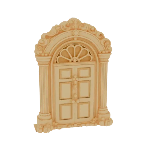 3D model of an ornate classical archway with double doors, featuring Corinthian columns and decorative carvings, rendered in