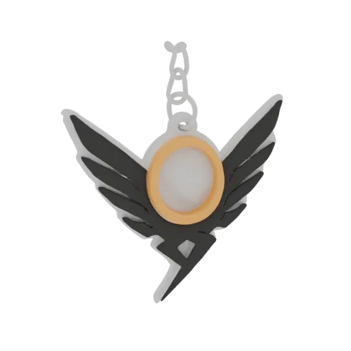 3D-Modell eines geflügelten Emblems mit goldenem Ring um eine zentrale Kugel, an einer Kette befestigt.