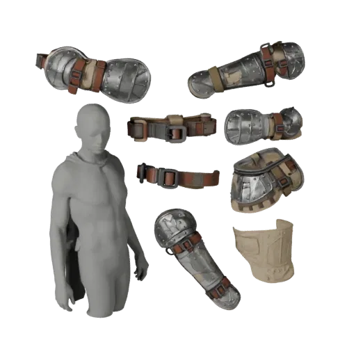 Tactical Arm Guard 3D model, three-quarter front view, Unreal Engine viewport, showing metal plates, form detail.
