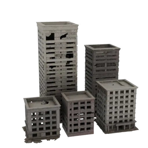 Modelo 3D de conjunto de cuatro edificios en ruinas de varios tamaños estilo post-apocalíptico, con texturas detalladas de da