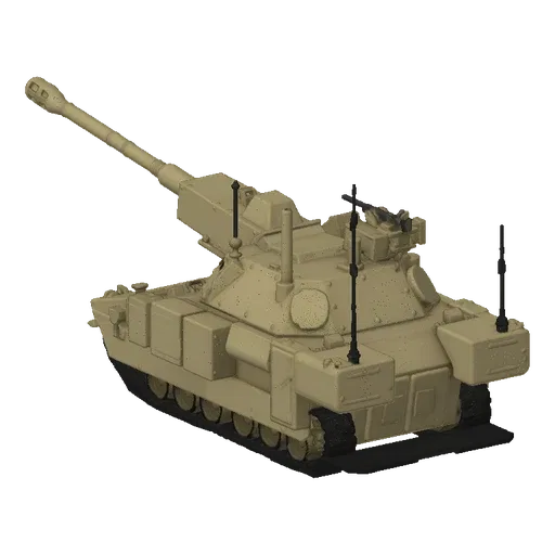 A 3D render of a modern desert tank with a tan camouflage finish, viewed from the side against a black background.