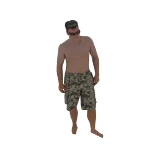 Modelo 3D de um homem vestindo calções de banho camuflados e óculos, em pé com a cabeça inclinada para baixo.