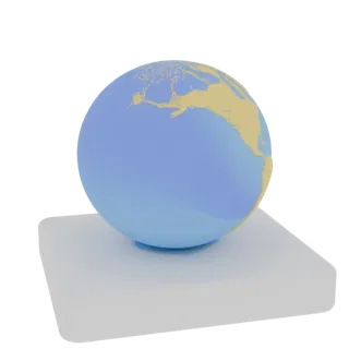 A 3D render of a stylized Earth globe with blue oceans and tan continents, resting on a white pedestal against a black backgr