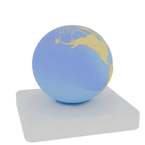 A 3D render of a stylized Earth globe with blue oceans and tan continents, resting on a white pedestal against a black backgr