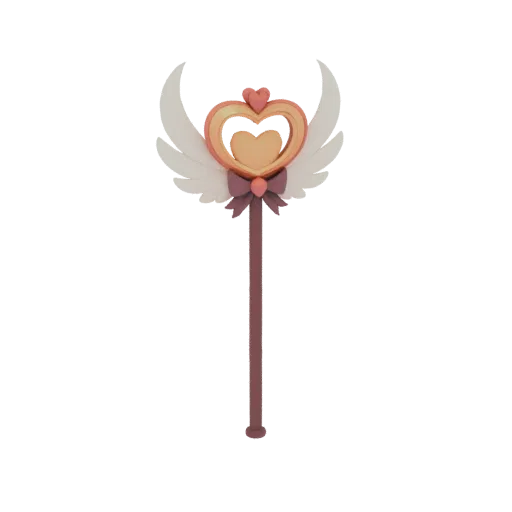 3D model of a magical wand with a heart-shaped gem, white wings, and a pink bow on a brown shaft.