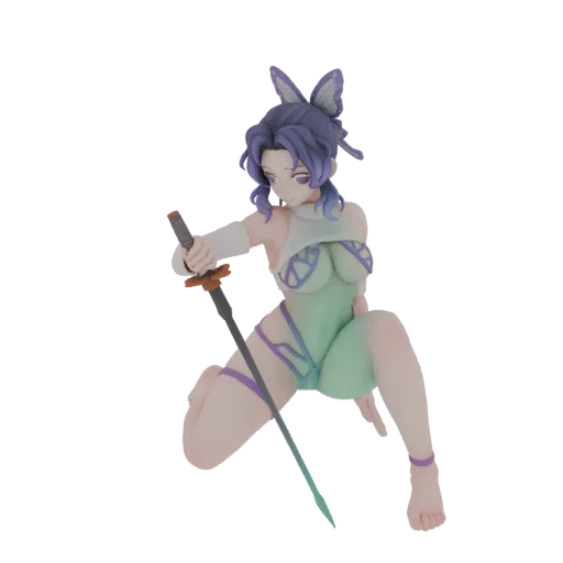 3D model of Shinobu Kocho from Demon Slayer in a dynamic butterfly pose, wearing her iconic uniform and hair accessory.