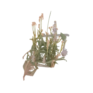 Modelo 3D de una miniatura de arreglo floral con flores pastel y un enrejado rústico, sobre un fondo blanco.