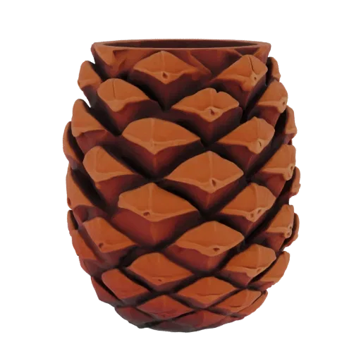 A 3D render of a terracotta-colored vase shaped like a pinecone, with detailed scales.
