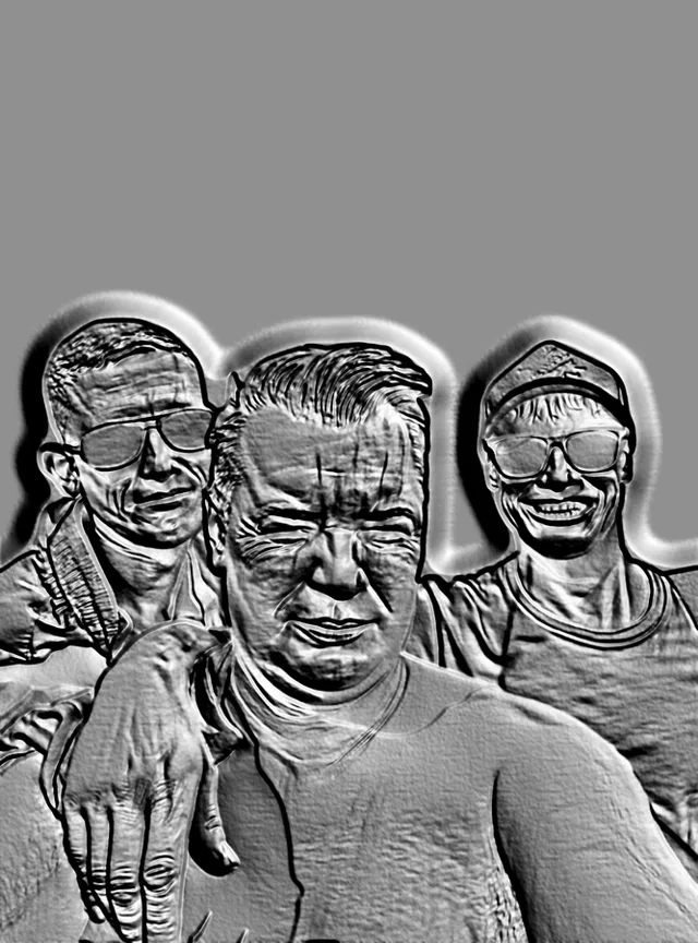 Modèle 3D d'un relief de trois hommes style gravure, avec visages expressifs et texture, prêt pour impression 3D.