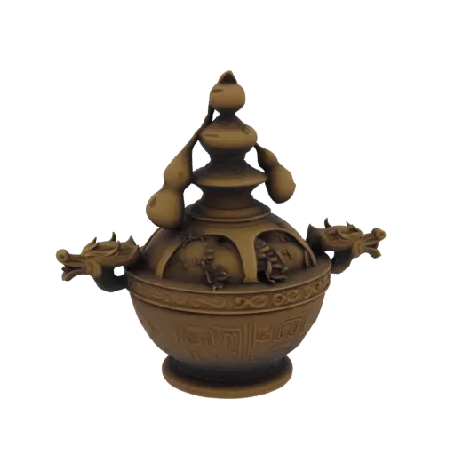 3D model of an ancient bronze incense burner with dragon heads and gourd finial