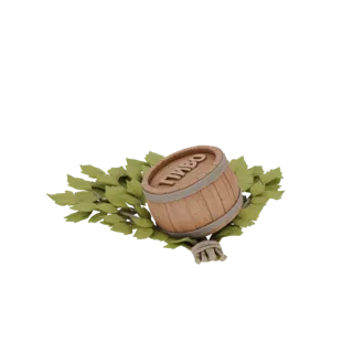 Modelo 3D de un barril de madera con hojas de laurel verdes y cuerda, con la palabra 'ПИВО' visible en el barril.