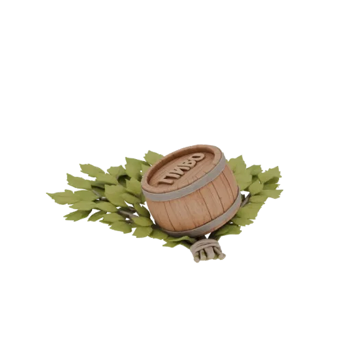 3D model of a wooden barrel with green laurel leaves and rope, with the word 'ПИВО' visible on the barrel.