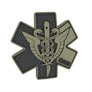 Modelo 3D de un parche de Sanador Estrella de la Vida con caduceo, serpientes, alas y textura hexagonal.