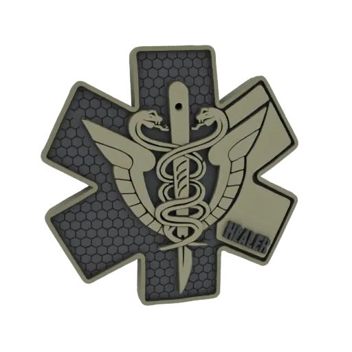 Modèle 3D du patch Ange Gardien Étoile de Vie avec caducée, serpents, ailes et texture hexagonale.