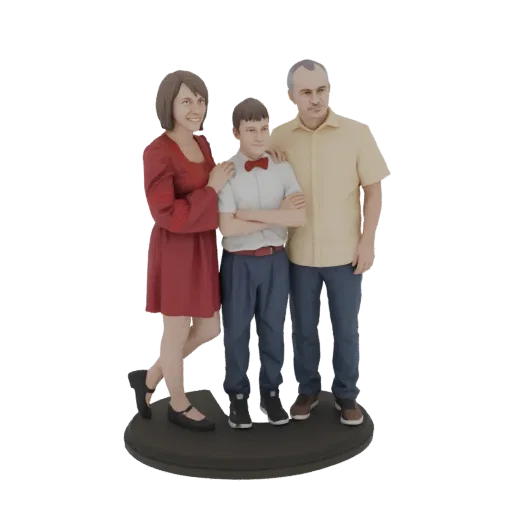 Modelo 3D de familia de tres: madre con vestido rojo, padre con camisa amarilla, hijo con camisa blanca y pajarita roja, sobr