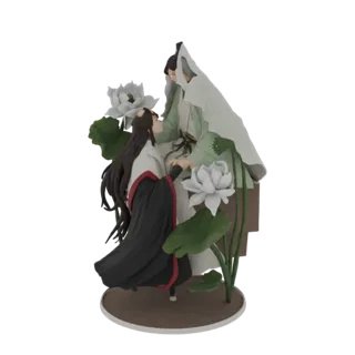 3D-Modell von zwei Figuren in zarter Umarmung, umgeben von Lotusblumen und -blättern, in einem weichen, künstlerischen Stil g
