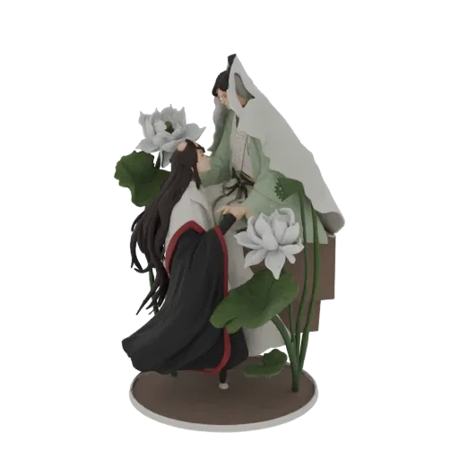 Modello 3D di due figure in un tenero abbraccio circondate da fiori e foglie di loto, renderizzato in uno stile morbido e art