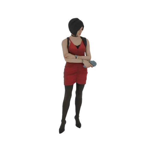 Modelo 3D de Ada Wong con vestido rojo, de pie con los brazos cruzados y sosteniendo un accesorio azul claro.