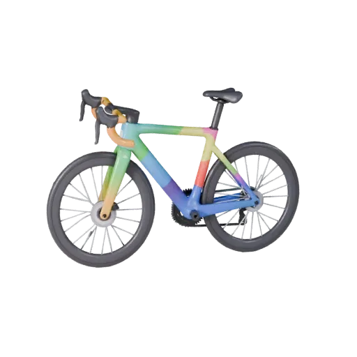 Cartoon-Rennrad 3D-Modell, Dreiviertel-Studioansicht, stilisiertes Fahrzeug-Asset mit Rahmenbalance, Radgröße und kompakter T
