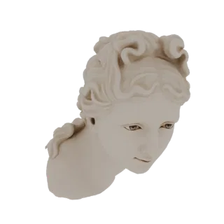 3D model of a classical marble bust of a young woman with elaborate curls and a downward gaze.