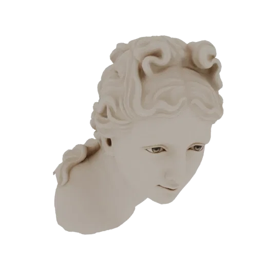 3D model of a classical marble bust of a young woman with elaborate curls and a downward gaze.