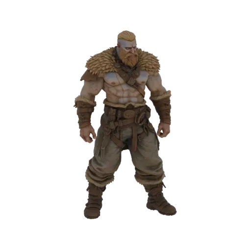 A 3D model of a muscular Viking warrior with a beard, wearing fur-trimmed armor and holding a battle axe, standing heroically