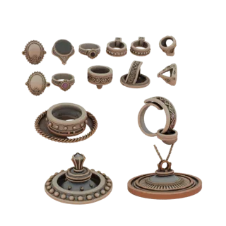 Gold Boho Ring And Pendant Set 3D model, isometric collectible display render, gold finish.
