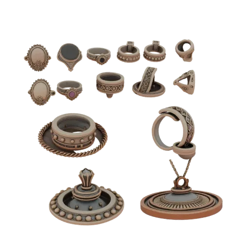 Gold Boho Ring And Pendant Set 3D model, isometric collectible display render, gold finish.
