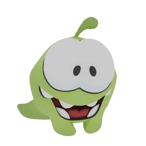 3D-Modell von Om Nom, dem grünen Monster aus Cut the Rope, mit großen weißen Augen und einem breiten, zahnigen Grinsen, vor w