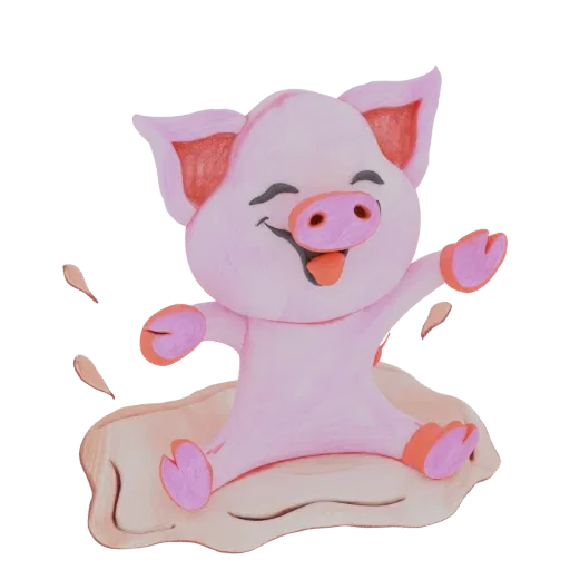 A 3D render of a happy pink pig with its eyes closed and tongue out, sitting in a muddy puddle with splashes around it, in a
