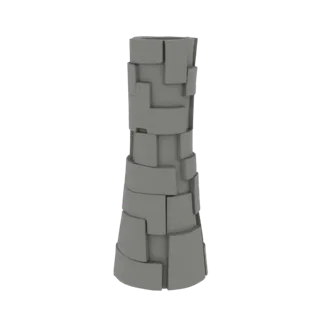 A 3D render of a gray, geometric vase made of stacked blocks, with a white background.