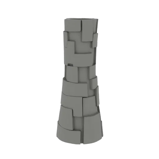 A 3D render of a gray, geometric vase made of stacked blocks, with a white background.