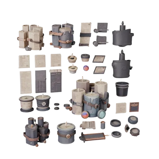 Urban Candle Cluster Stylized 3D model, stylized isometric render, showing paper-like cards, small readable forms.